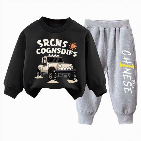 Gubotare Baby Boy Fall Winter Clothes Toddler Kids Solid Outfits Vehicle Long Sleeve Sweatshirt Tops + Joggers Pants Set (Black, 6-7 Years)