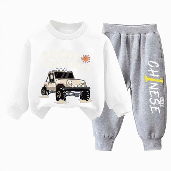 Gubotare Baby Boy Fall Winter Clothes Toddler Kids Solid Outfits Vehicle Long Sleeve Sweatshirt Tops + Joggers Pants Set (White, 7-8 Years)