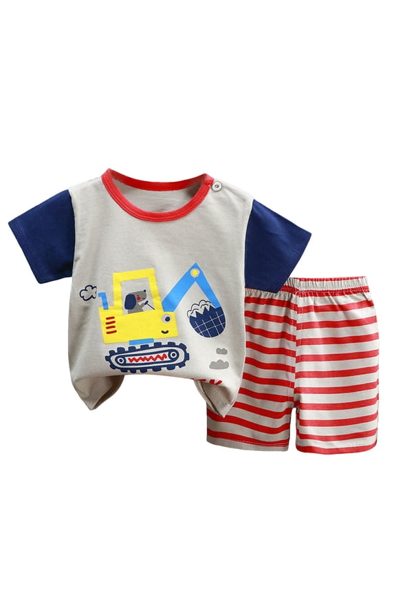 Baby Boy Nice Outfit Boys Two Piece Summer Outfit Toddler Baby Boy Summer Outfit Short Sleeve Print T Shirt Top and Casual Shorts Set Cute Infant Newborn Clothes (Red, 9-18 Months)
