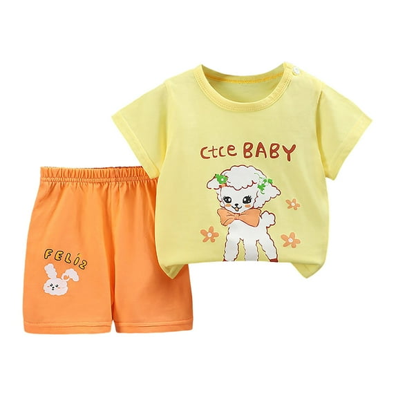 Gubotare Baby Boy Outfit Toddler Baby Boy Girl Summer Clothes Short Sleeve T-Shirt Shorts Set 2Pcs Outfit 18 24 Months (Light Yellow,18-24 Months)