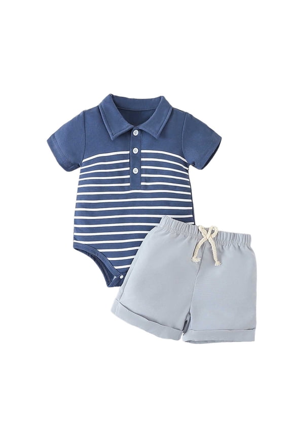 Baby Boy Outfits Short Sleeve Striped Romper Polo Top Solid Shorts Baby Boy Summer Clothes 0 3 6 12 18 24 Months (Blue,1-3 Months)
