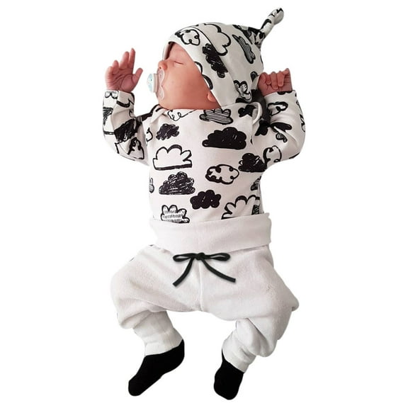 Gubotare Baby Boy Winter Outfits Baby Boy Girl Clothes Romper Bodysuit Pants Set with Hat Coming Home Hospital Outfits 0 3 6 9 12 18 24 Months (White,6-12 Months)