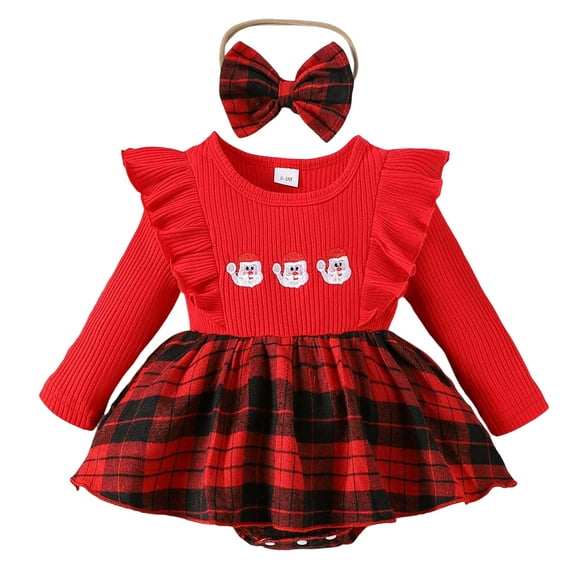 Gubotare Baby Christmas Dress Plaid Girl's Dress Long Sleeve Dresses Formal Short Dresses 3 6 Months (Red,3-6 Months)