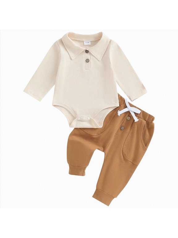 Baby Clothes Newborn Little Brother Big Brother Matching Outfit Long Sleeve Romper/Sweatshirt+ Solid Pants Fall Winter 2PCS Clothes Set 0 3 6 9 12 18 Months (Beige,6-9 Months)