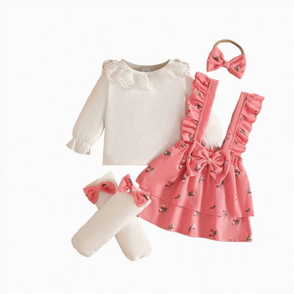 Gubotare Baby Dress Floral Print Short Sleeve Top Suspender Skirt Outfit Set With Headband Summer Clothes 6 9 Months (Pink,6-9 Months)
