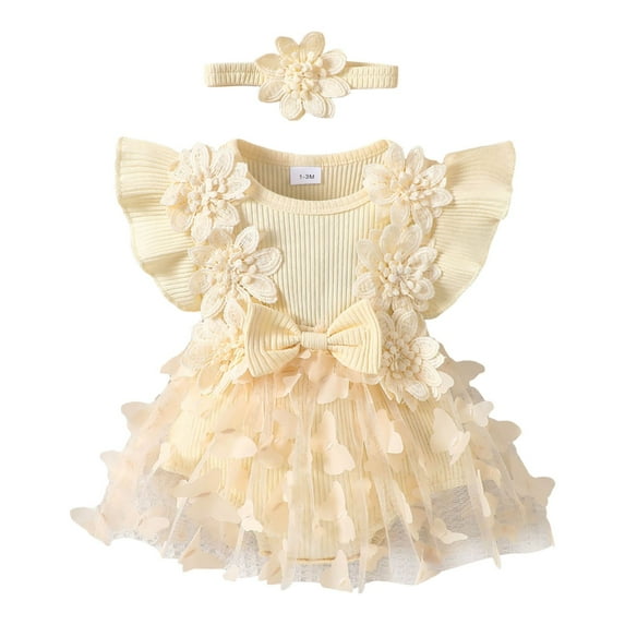 Gubotare Baby Dresses Summer Girl Embroidered Romper Dress Girls Floral Sleeveless Bodysuit Mesh Tutu Tulle Dresses Summer Outfits 0 3 6 9 12 18 24 Months (Beige,Size 12-18 Months)