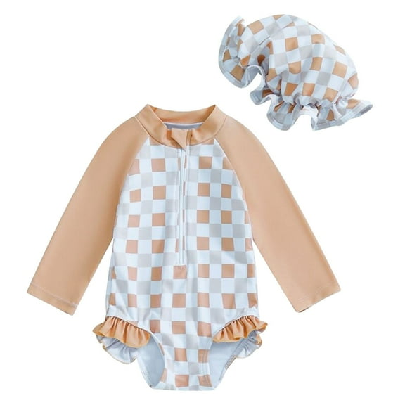 Gubotare Swimsuit Toddler Girl Girls One Piece Swimsuits Long Sleeve Rash Guard Kids Hawaiian Bathing Suit UPF 50+ Swim Shirts Size 18-24 Months (Khaki,18-24 Months)