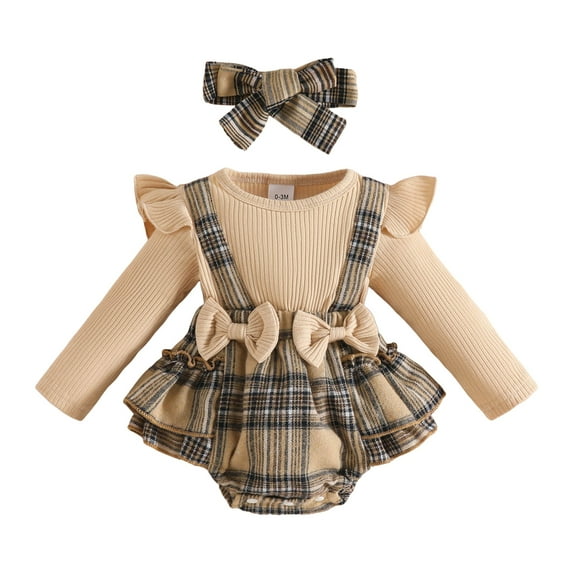 Gubotare Baby Girl Bubble Romper Fall Baby Girl Clothes Romper Floral Dress Ruffle Sleeve Bodysuit Outfit Jumpsuit Headband Spring Fall Winter 0 3 6 9 12 18 24 Months (Brown,6-9 Months)