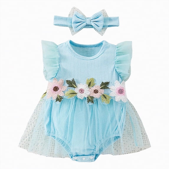 Gubotare Baby Girl Bubble Romper Summer Newborn Baby Girl 1st Birthday Outfit Lace Tulle Romper Dress with Floral Headband Cake Smash 0 3 6 9 12 18 24 Months (Blue,6-9 Months)