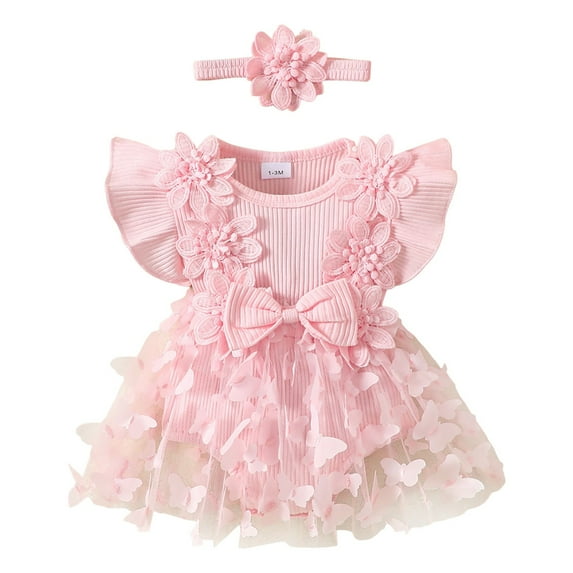 Gubotare Baby Girl Bubble Romper Summer Clothes Romper Floral Suspender Dress Ruffle Sleeve Bodysuit Headband Spring Summer 0 3 6 9 12 18 24 Months (Pink,Size 9-12 Months)