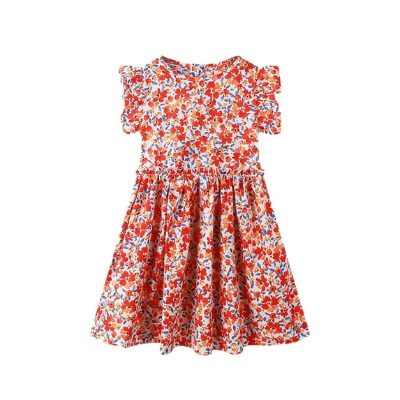 Gubotare Baby Girl Dress Girls Short Sleeve Ruffle Stretchy A-Line Floral Dress for Little Girls Casual Party Dresses (Orange,10-12 Years)