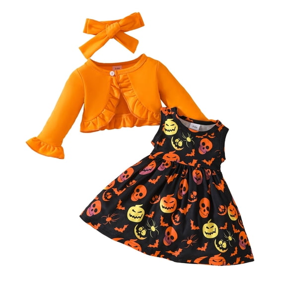 Gubotare Baby Girl Fall Dress Baby Girl Clothes 3Pcs Suit Long Sleeve Romper Tops Dress Headband Spring Fall Skirt Sets 0 3 6 9 12 18 24 Months (Orange,6-9 Months)