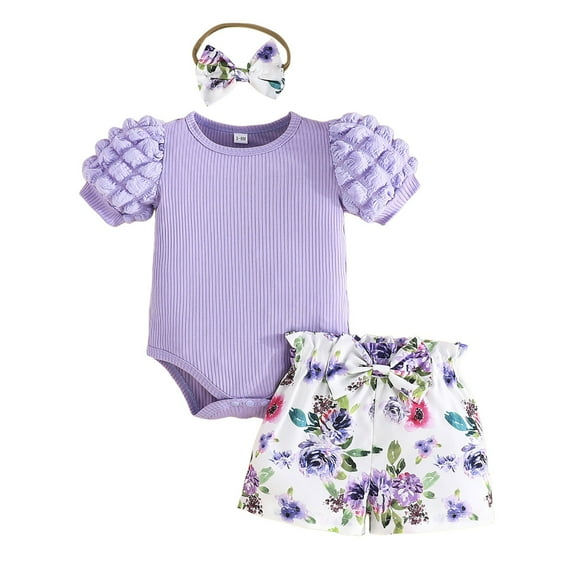 Gubotare Baby Girl Outfits Baby Girl Clothes Summer Outfits Set Ruffle Sleeve Romper Floral Pants 3PCS Bodysuit  Shorts  Headband 0 3 6 9 12 18 24 Months (Purple,Size 12-18 Months)