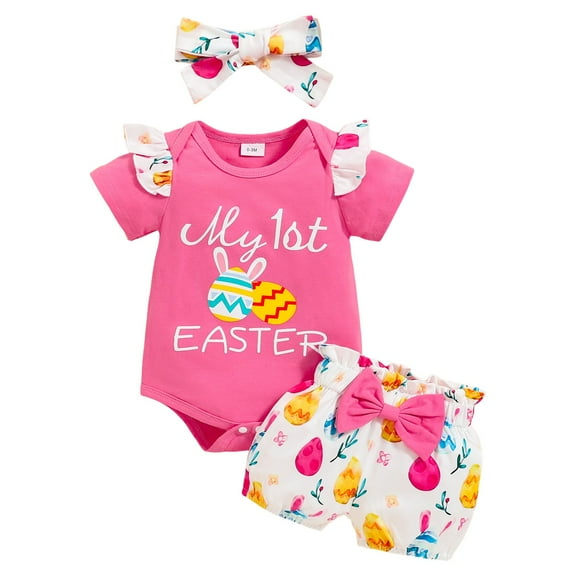 Gubotare Baby Girl Outfits Baby Girl Outfits â Summer Ruffle Ribbed Bodysuit Floral Print Shorts & Bow Headband â 3-Piece Clothes Set 0 3 6 9 12 18 24 Months (Pink,Size 0-3 Months)