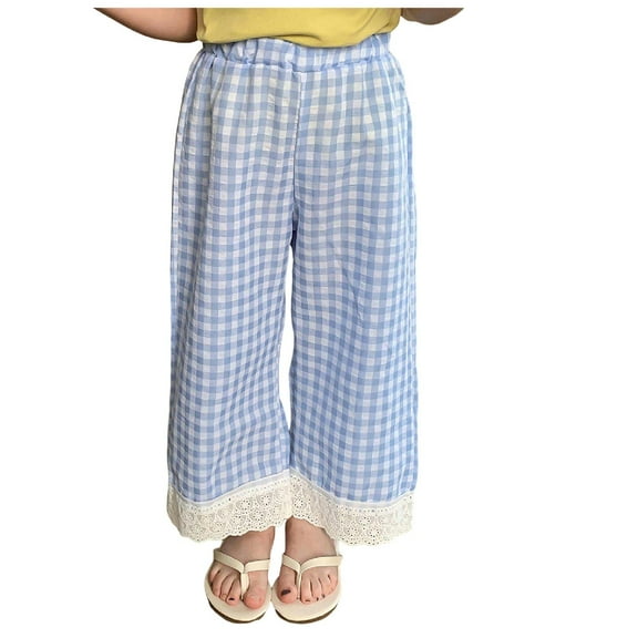 Gubotare Baby Girl Pants Toddler Girls Wide Leg Pants Elastic Waist Gingham Pants Kids Loose Checkered Plaid Lace Bottoms Size 4T 5T (Blue,4-5 Years)