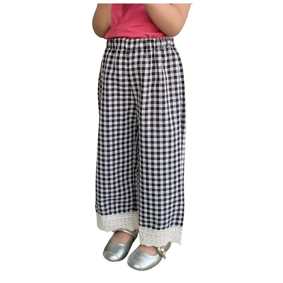 Gubotare Baby Girl Pants Toddler Girls Wide Leg Pants Elastic Waist Gingham Pants Kids Loose Checkered Plaid Lace Bottoms Size 7T 8T (Black,7-8 Years)