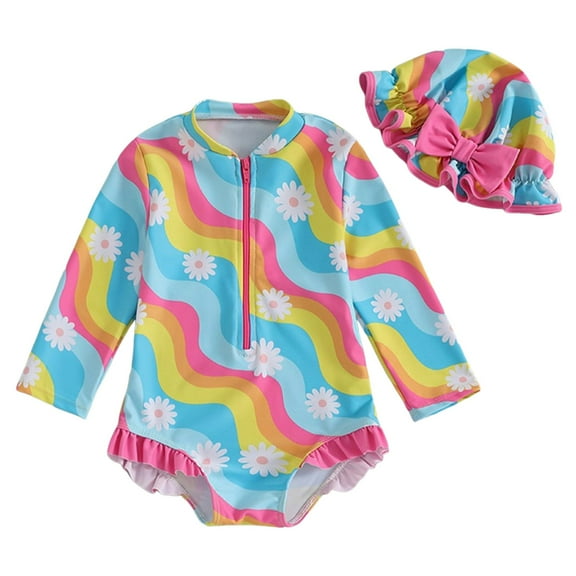 Gubotare Baby Girl Rash Guard Swimsuit Long Sleeve Print Ruffles Bathing Suit Swimwear with Swim Cap 3T 4T 5T 6T 7T,Blue 6-7 Years