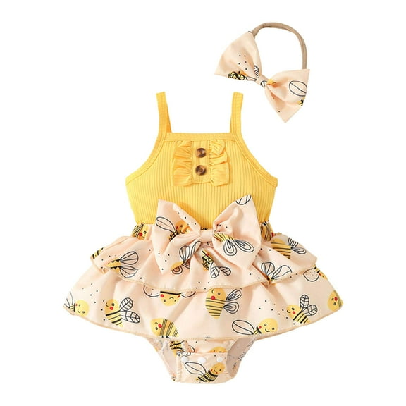 Gubotare Baby Girl Romper Baby Girl Floral Romper Newborn Dress Ruffle playsuit Suspender Shorts Jumpsuit Cute Summer Clothes and Headband 0 3 6 9 12 18 24 Months (Yellow,Size 12-18 Months)