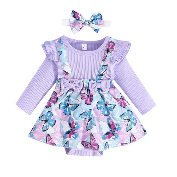 Gubotare Baby Girl Romper Baby Girls Daisy Romper Bowknot Bodysuit Headband Long Sleeve Playsuits Floral Jumpsuit Fall Winter Clothes 0 3 6 9 12 18 24 Months (Purple,0-3 Months)