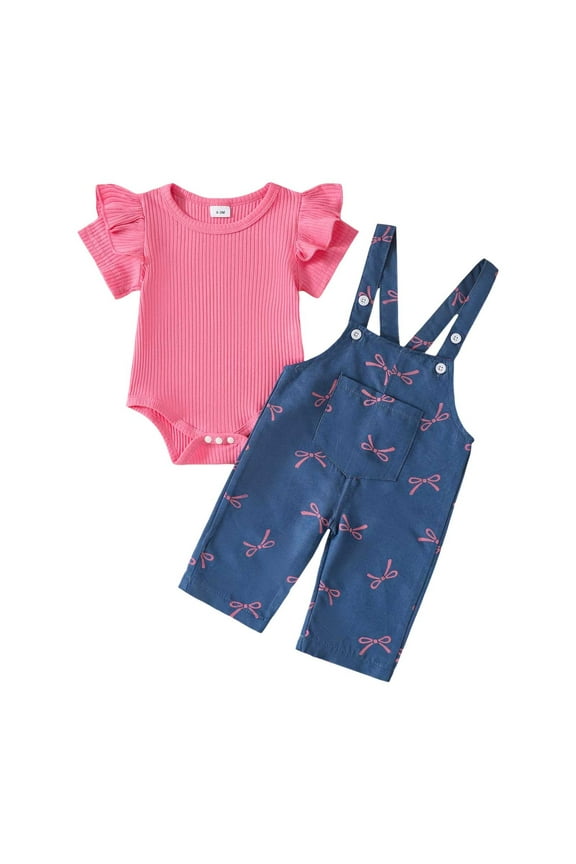 Baby Girl Solid Clothes Ruffle Short Sleeve Romper Long Denim Pants Overalls Set Outfits 0 3 6 9 12 18 24 Months (Hot Pink,Size 12-18 Months)