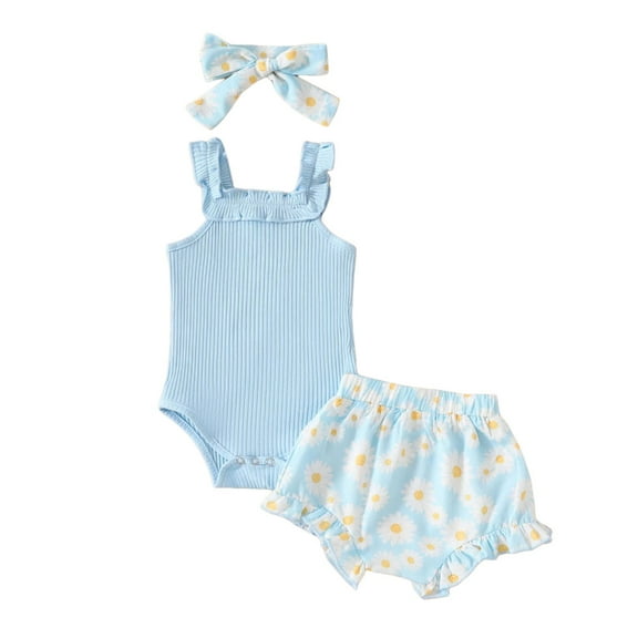 Gubotare Baby Girl Summer Outfits Baby Girl Outfit Short Sleeve Romper Pompom Shorts Clothes Headband 0 3 6 9 12 18 24 Months (Sky Blue,Size 3-6 Months)