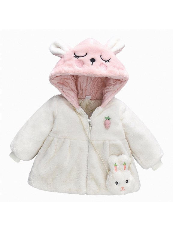 Baby Girls Hooded Coat Bunny Ear Fleece Zip Up Jacket Toddler Kids Warm Winter Outwear 12 18 Months (White,12-18 Months)