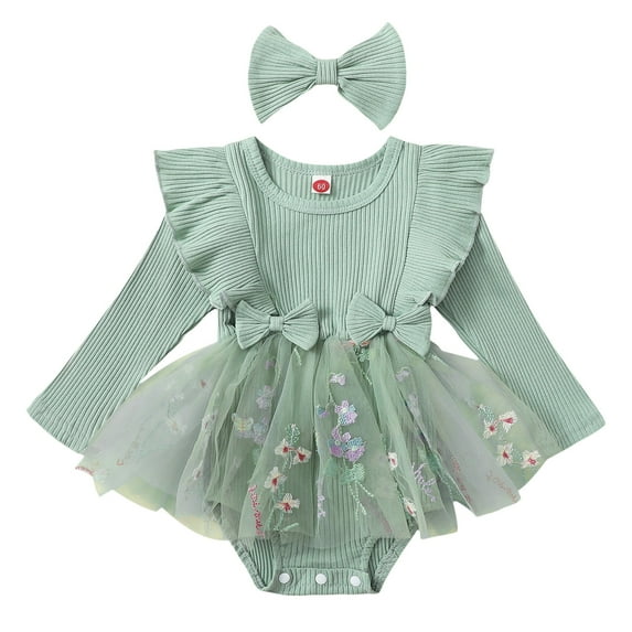 Gubotare Baby Girls Mesh Tutu Dress Girls Dresses Long Sleeve Crew Neck Casual Fall Dress 0 3 Months (Green,0-3 Months)