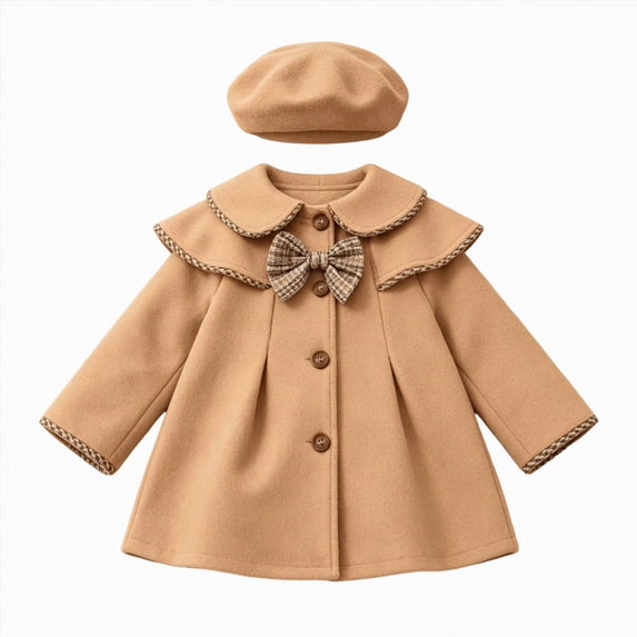 Gubotare Fleece Toddler Jacket Baby Girls Wool Blend Coat Kids Bow Tie Peter Pan Collar Jacket with Beret Hat Winter 18 24 Months (Khaki,18-24 Months)