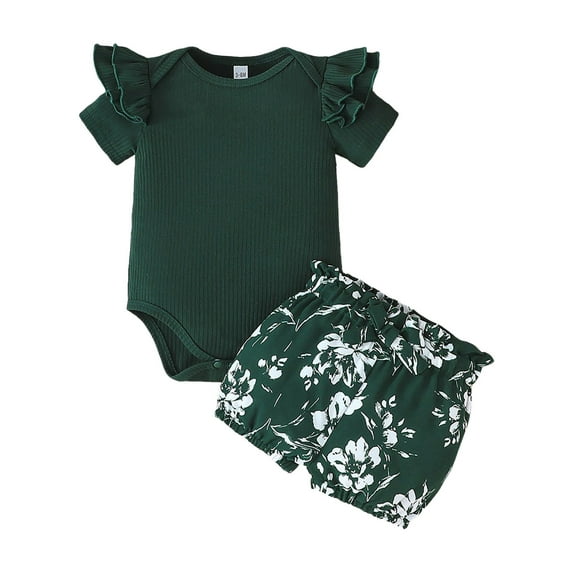 Gubotare Baby Outfits Baby Girl Summer Clothes Outfit Ruffled Short Sleeve Romper Shorts 3Pcs 0 3 6 9 12 18 24 Months (Dark Green,Size 9-12 Months)