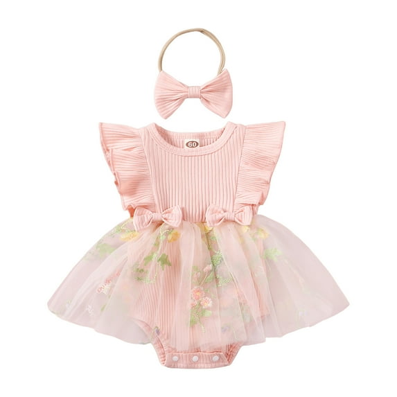 Gubotare Baby Princess Dress Baby Girl Birthday Outfit Floral Lace Tulle Romper Tutu Dress Cake Smash Princess Boho Clothes 0 3 6 9 12 18 24 Months (Pink,Size 12-18 Months)