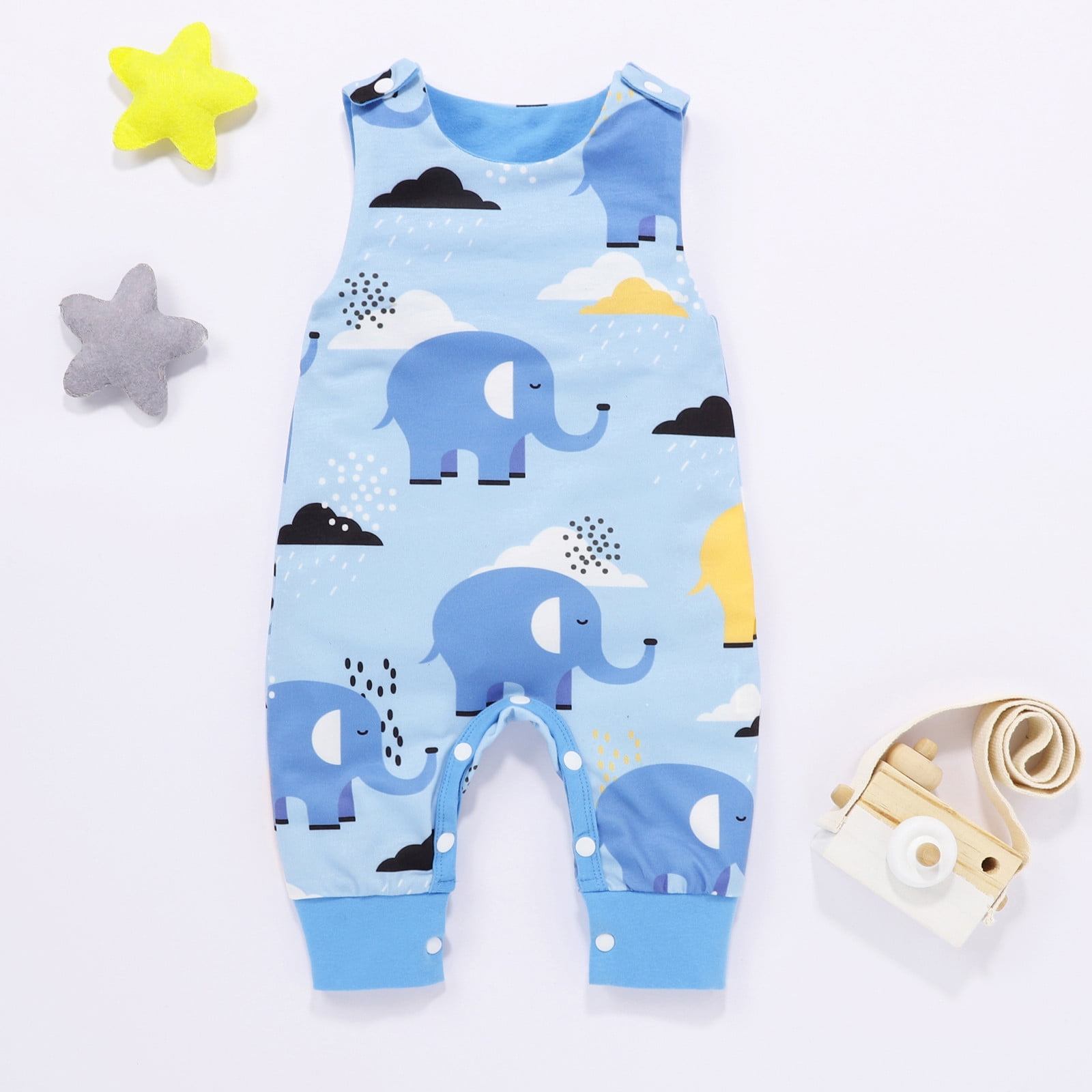 Baby Girl Cartoon Elephant and Number Pattern Blue Sleeveless Overall Dress