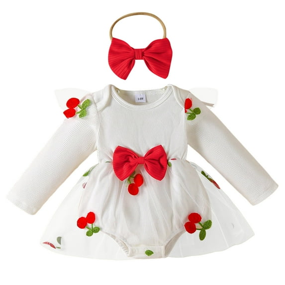 Gubotare Baby Rompers Long Sleeve Newborn Baby Girl Outfits Long Sleeve Tie Shoulder Heart Romper Dress with Headband Set Spring Fall Winter Clothes 0 3 6 9 12 18 24 Months (White,9-12 Months)