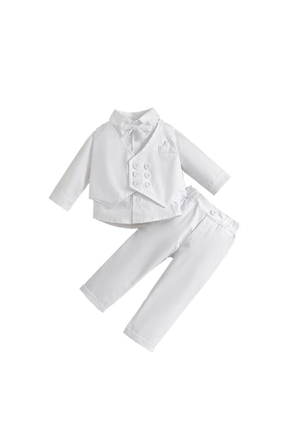 Baby Suits Toddler Baby Boy Clothes Suit Gentleman Wedding Party Outfits，Formal DressShirt+Bowtie+Vest+Suspender Pants 4T 5T,(White 4-5 Years)