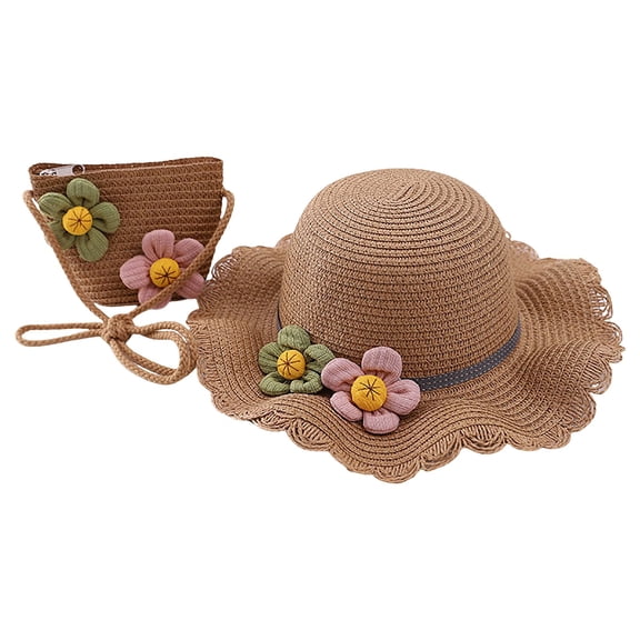 Gubotare Baby Sun Hat Girl 2 Piece Sun Hats for Kids Flower Sunshade Summer Protection Shoulder Bag Swimsuit Girls Lightweight UPF 50  Beach Caps (Coffee,Size 2-8 Years)