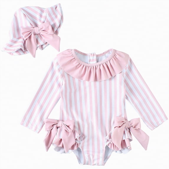 Gubotare Baby Swimsuit Girl with Hat Girls Rash Guard Swimsuits Long Sleeve One Pieces Bathing Suit UPF 50+ Zipper Swimwear 12 18 Months (Pink,12-18 Months)