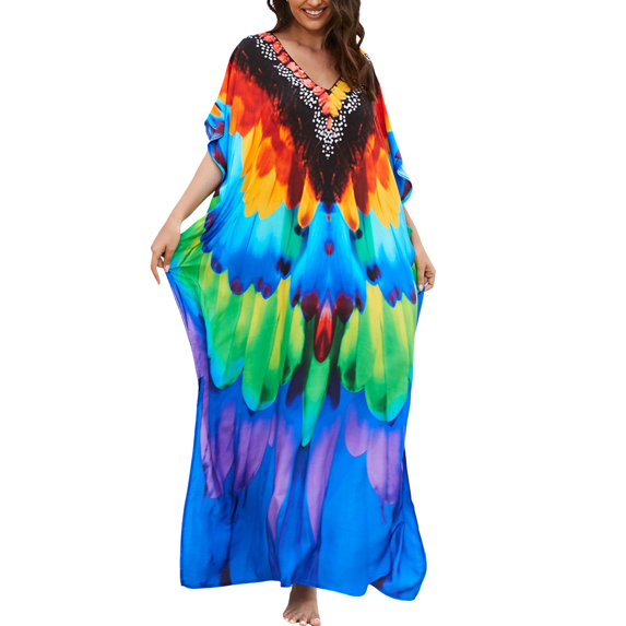 Gubotare Bathing Suit Cover Up Colorful Caftan Beach Dress for Women Long Bikini Cover Up Plus Size,Blue One Size