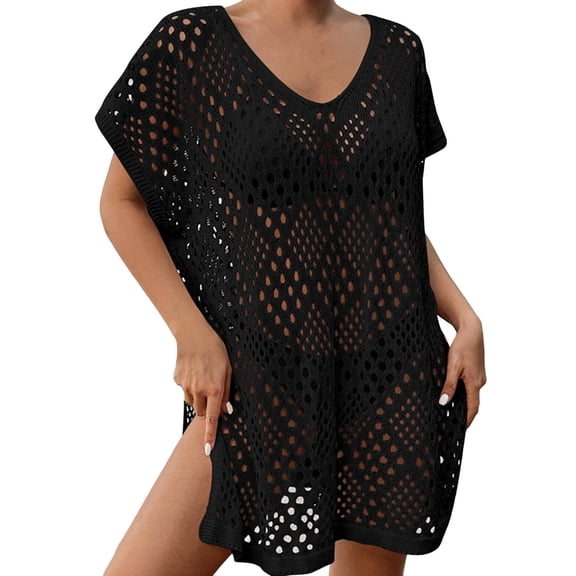 Gubotare Bathing Suit Cover Up for Women Crochet Swimsuit Cover Up with Batwing Sleeve Loose Swim cover ups,Black One Size