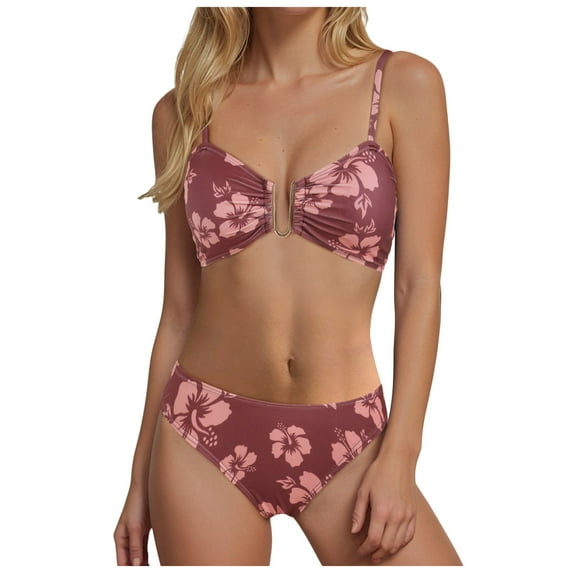 Gubotare Bathing Suit for Women Women's Bikini Sets Two Piece Swimsuit Mid Waisted V Neck Color Block Adjustable Spaghetti Straps Bathing Suit (Brick Red,XL)