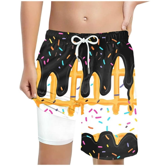 Gubotare Bathing Suits for Teens Boys Ice Cream Swim Trunks with Compression Liner Summer Beach Board Shorts Cute Preppy Swimsuit Bathing Suits (Black,Size 8-9 Years)