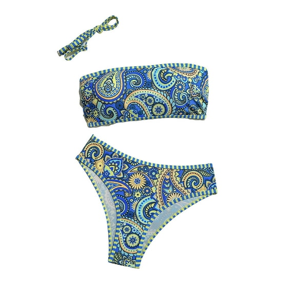 Gubotare Bathing Suits for Women Women's Two Piece Bandeau Swimsuit Ribbed Strapless Tube Bikini Top with Mid Waist Cheeky Bottom Bathing Suit (Blue,M)