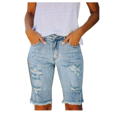 Gubotare Bermuda Jean Shorts for Women Casual Mid Rise Ripped Distressed Denim Shorts Light blue S