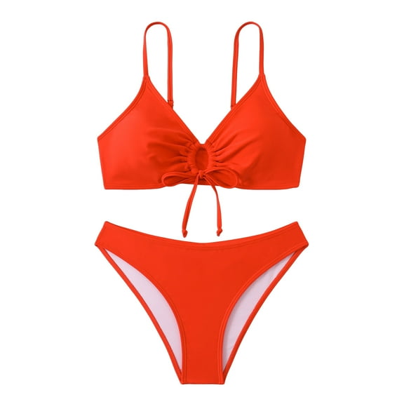 Gubotare Bikini Sets for Women Womens Mid Waisted Bikini Sets V Neck Swimsuits Metal Design Two Piece Bathing Suits (Red,XL)