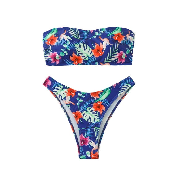 Gubotare Bikini for Women Women's Two Piece Bandeau Swimsuit Ribbed Strapless Tube Bikini Top with Mid Waist Cheeky Bottom Bathing Suit (Blue,XL)