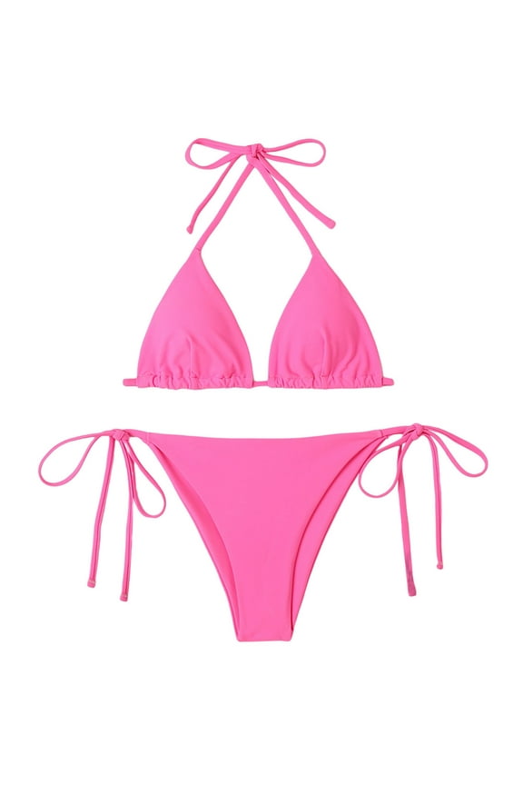 Bikini for Women Women's Two Piece Bikini Swimsuit Ribbed Triangle Top Bathing Suits String Cheeky Bikini Sets (Hot Pink,M)