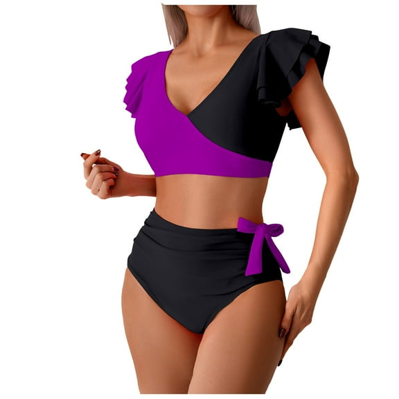 Gubotare Bikinis Sets for Women Womens High Waist Bikini Sets Sporty Color Block Two Piece Swimsuits Scoop Neck Cheeky Bathing Suits (Purple,XXL)