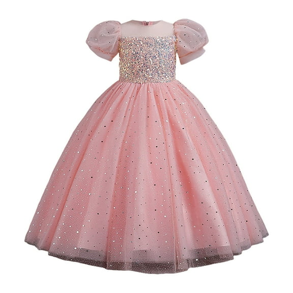 Gubotare Birthday Dress for Girls Flower Girls Lace Cap Sleeve Dress for Wedding Puffy Tulle Back V-Neck Pageant Prom Ball Gown with Bow (Pink,Size 8-9 Years)