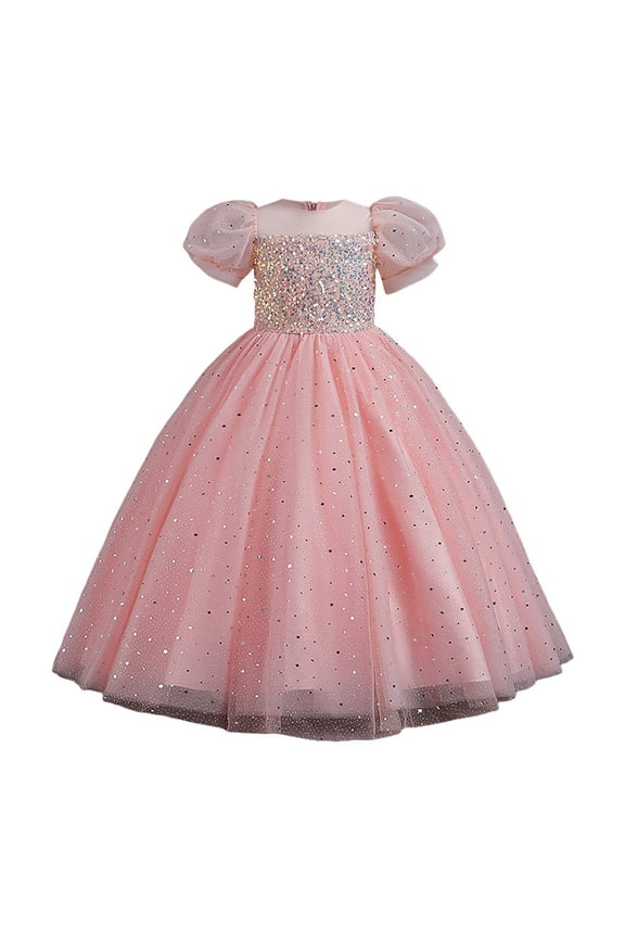 Birthday Dress for Girls Flower Girls Lace Cap Sleeve Dress for Wedding Puffy Tulle Back V-Neck Pageant Prom Ball Gown with Bow (Pink,Size 8-9 Years)
