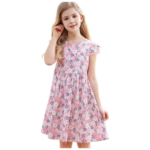 Gubotare Birthday Dress for Girls Baby Girl Spring Floral Ruffle Dress Dress Short Sleeve Summer Outfit Casual Toddler Dress (Dark Purple,Size 18-24 Months)