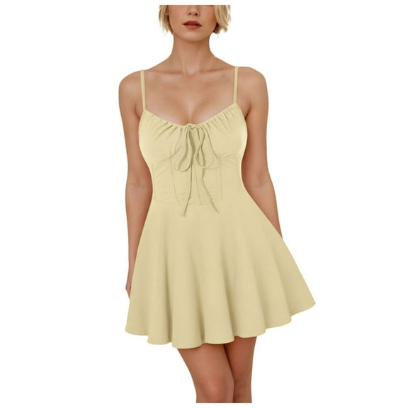 Gubotare Birthday Dresses for Women Womens Summer Sleeveless A-Line Mini Dress 2025 Sexy Backless Spaghetti Strap Party Club Bodycon Dresses (Beige,Size L)