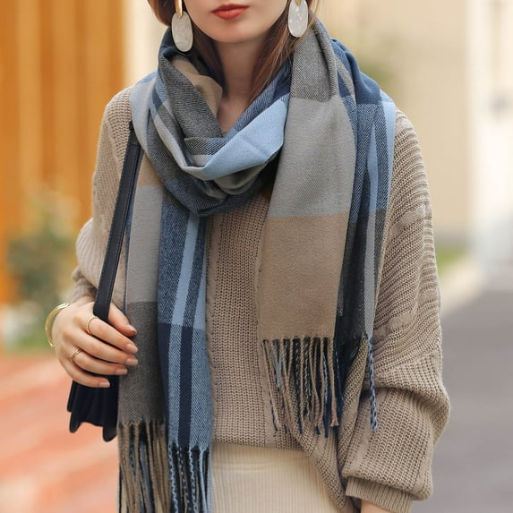 Gubotare Blanket Scarf Womens Big Plaid Scarf Colorful Checked Plus Size Fall Winter Thick Scarf Warm Shawl Women (Gray Blue,One Size)